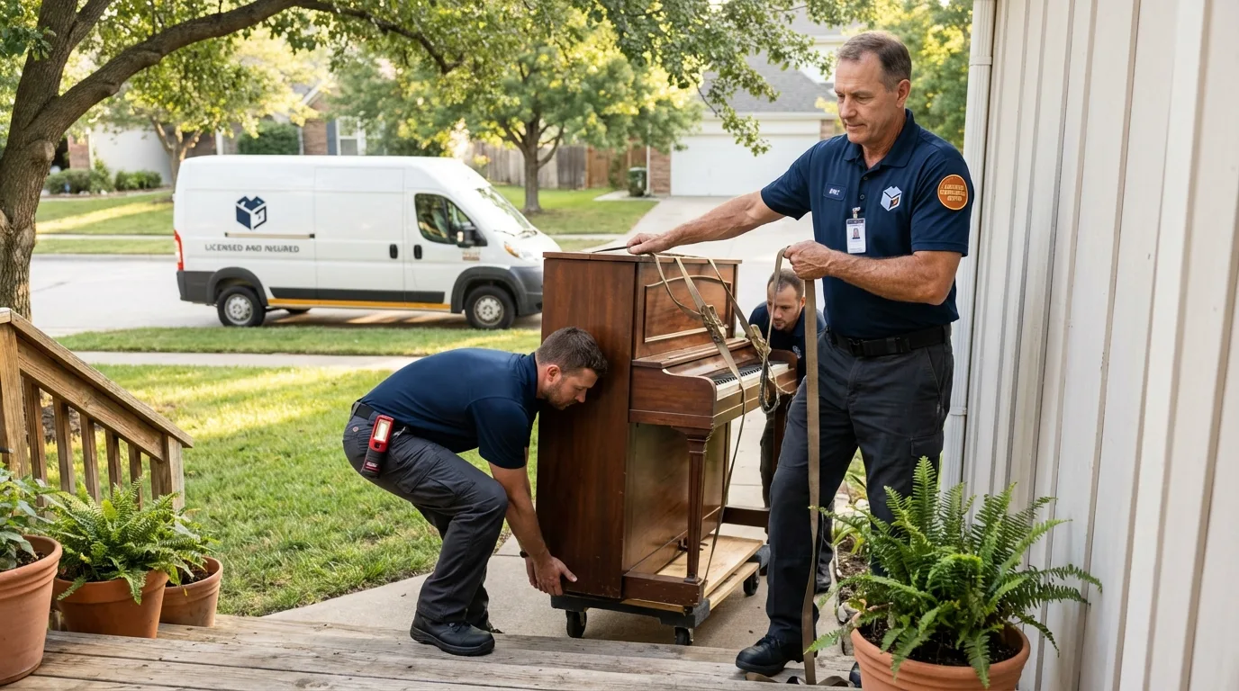 Licensed piano movers securing grand piano in Hillside, IL